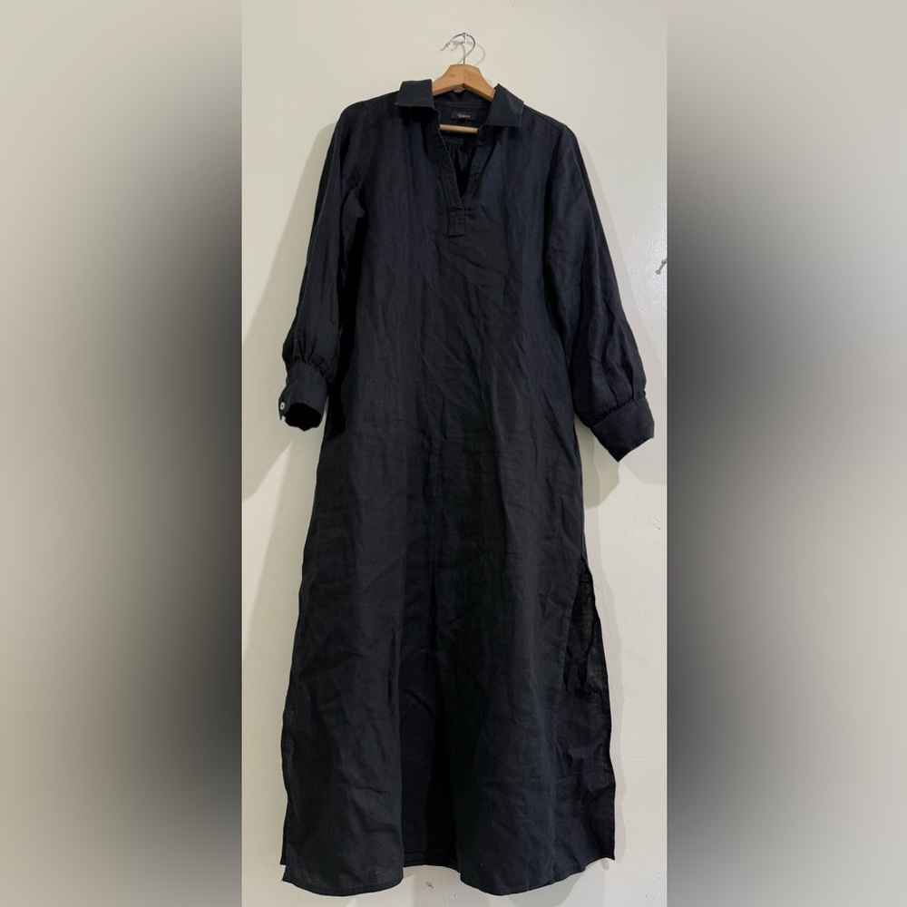Quince Black Linen V-Neck Collared Maxi Dress